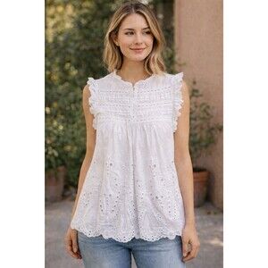 White Eyelet Lace Sleeveless Babydoll Top Pintuck Ruffle Trim Boho Cottagecore M